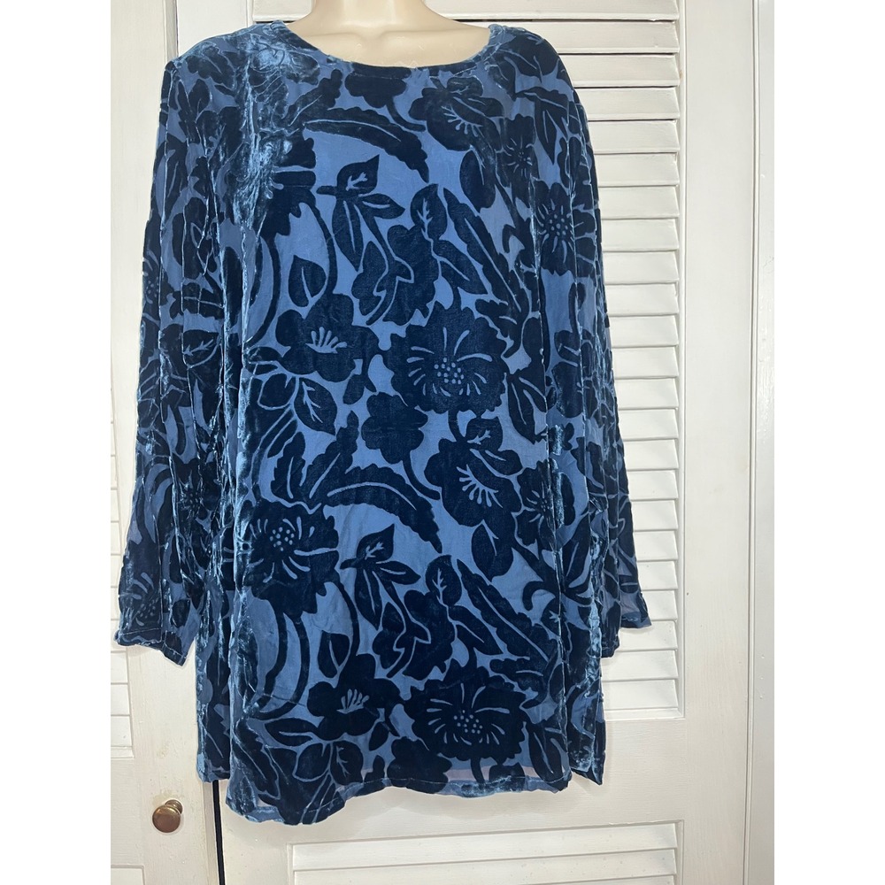 Vtg 90s Silk Lore by Beth Terrell Navy Burnout Velvet Silk Blend Floral Tunic L